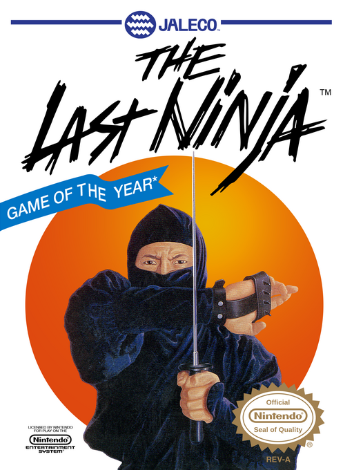 Box art showing a ninja in traditional black garb in a dramatic pose against an urban/park setting with isometric perspective elements, featuring the Jaleco logo and suggesting the game's unique viewing angle