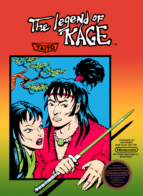 Box art showing a ninja warrior in mid-leap among trees with enemies below, emphasizing the game's acrobatic jumping mechanics and forest setting in classic Taito arcade port styling