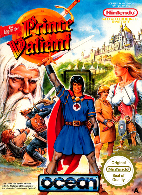 Box art featuring Prince Valiant with his distinctive pageboy haircut wielding weapons in a medieval marsh setting with monsters, rendered in Ocean Software's characteristic European adventure game art style
