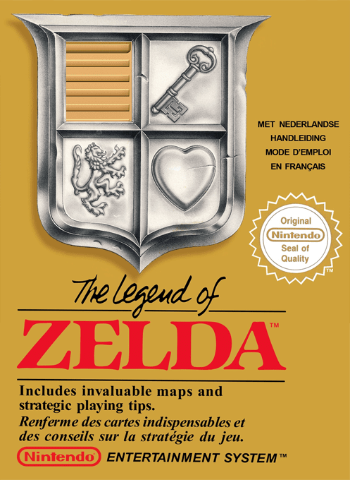 The iconic gold cartridge box art showing Link holding his sword and shield aloft against a dramatic sunset background with the Hyrule landscape, featuring Nintendo's premium gold packaging that signaled the game's flagship status