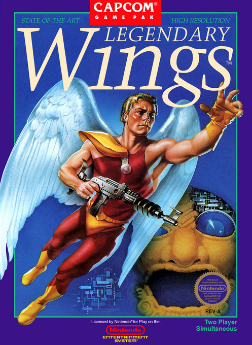 Box art featuring a winged warriors with angel-like wings flying through a dramatic sky filled with enemy aircraft and mechanical threats, rendered in Capcom's vibrant arcade art style with bold red logo