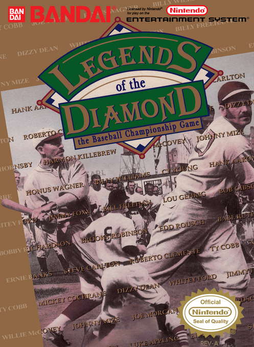 Box art depicting baseball action with players in batting and fielding poses against a diamond-shaped background, featuring the Bandai logo and emphasizing the game's sports simulation aspects