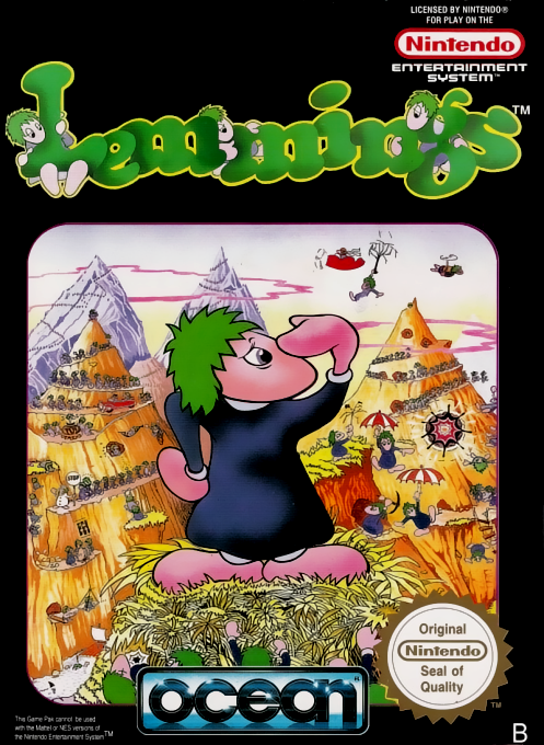 Box art showing the iconic green-haired lemming characters marching in a line toward various obstacles and traps, capturing the puzzle game's signature blend of cute aesthetics and dark humor, with Ocean and Sunsoft branding