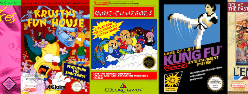 A horizontal arrangement of five NES game boxes displayed side by side: Krazy Kreatures with its colorful puzzle creatures, Krusty's Fun House with the grinning clown, Kung Fu Heroes showing martial arts action, the iconic black box Kung Fu, and L'Empereur featuring Napoleon, representing the diverse range of puzzle, licensed, beat-em-up, and strategy genres covered in NES A-Z Episode 91.