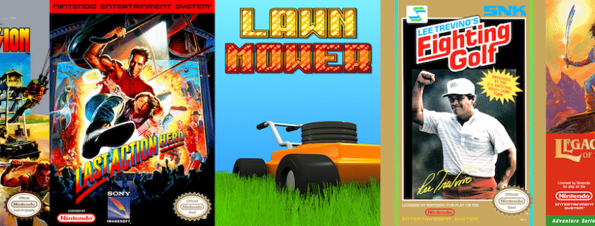 NES game box covers for Laser Invasion (1989), Last Action Hero (1991), Lawn Mower (2011 homebrew), Lee Trevino's Fighting Golf (1988), and Legacy of the Wizard (1989) reviewed in blog post