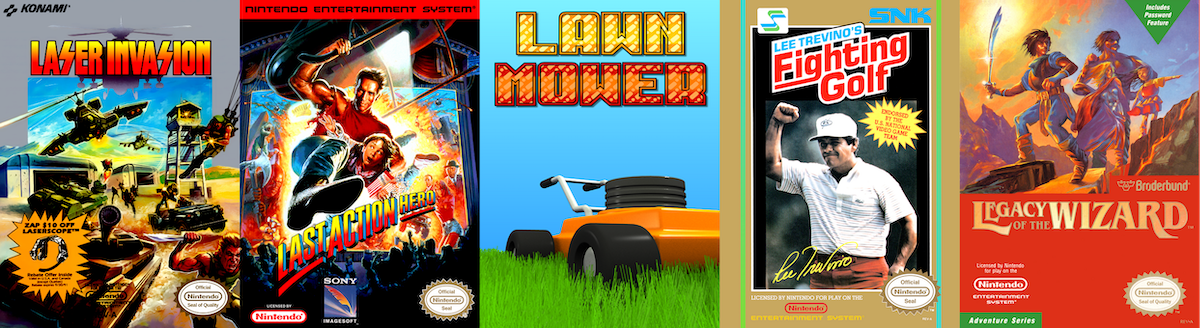 NES game box covers for Laser Invasion (1989), Last Action Hero (1991), Lawn Mower (2011 homebrew), Lee Trevino's Fighting Golf (1988), and Legacy of the Wizard (1989) reviewed in blog post