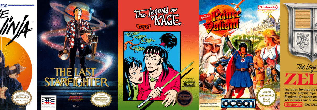 A horizontal arrangement of five NES game boxes displayed side by side: The Last Ninja with its isometric ninja action, The Last Starfighter's space combat, Legend of Kage's tree-leaping warrior, Legend of Prince Valiant's medieval adventure, and the unmistakable gold Legend of Zelda cartridge, representing NES A-Z Episode 93's journey from obscure action games through hidden gems to one of gaming's most celebrated titles.