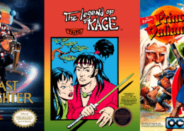A horizontal arrangement of five NES game boxes displayed side by side: The Last Ninja with its isometric ninja action, The Last Starfighter's space combat, Legend of Kage's tree-leaping warrior, Legend of Prince Valiant's medieval adventure, and the unmistakable gold Legend of Zelda cartridge, representing NES A-Z Episode 93's journey from obscure action games through hidden gems to one of gaming's most celebrated titles.