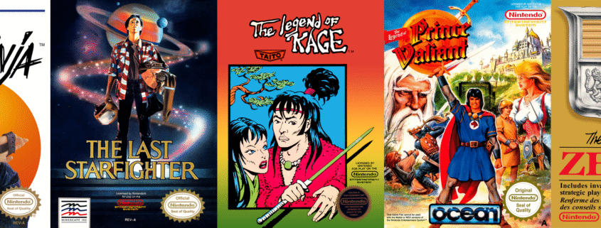 A horizontal arrangement of five NES game boxes displayed side by side: The Last Ninja with its isometric ninja action, The Last Starfighter's space combat, Legend of Kage's tree-leaping warrior, Legend of Prince Valiant's medieval adventure, and the unmistakable gold Legend of Zelda cartridge, representing NES A-Z Episode 93's journey from obscure action games through hidden gems to one of gaming's most celebrated titles.