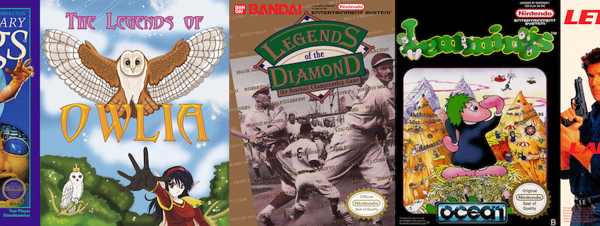 A horizontal arrangement of five NES game boxes displayed side by side: Legendary Wings with its aerial combat, Legends of Owlia's fantasy adventure, Legends of the Diamond's baseball action, Lemmings' puzzle mayhem, and Lethal Weapon's action movie intensity, representing NES A-Z Episode 94's unprecedented perfect streak across shooters, RPGs, sports, puzzles, and beat-em-ups.