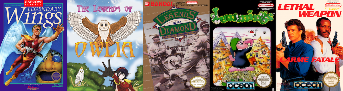 A horizontal arrangement of five NES game boxes displayed side by side: Legendary Wings with its aerial combat, Legends of Owlia's fantasy adventure, Legends of the Diamond's baseball action, Lemmings' puzzle mayhem, and Lethal Weapon's action movie intensity, representing NES A-Z Episode 94's unprecedented perfect streak across shooters, RPGs, sports, puzzles, and beat-em-ups.
