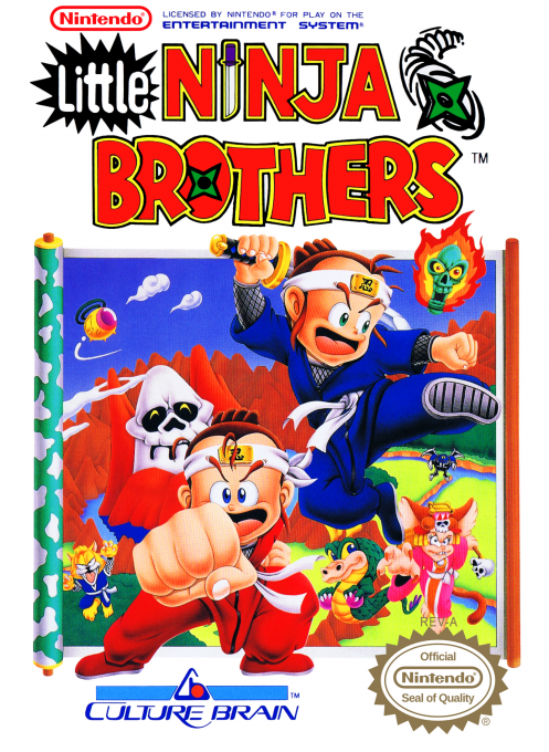 Little Ninja Brothers NES box art showing two cheerful cartoon ninja children in blue and beige outfits at the front, with colorful background scenes including skull imagery, villages, and various other ninja characters, Culture Brain logo at bottom