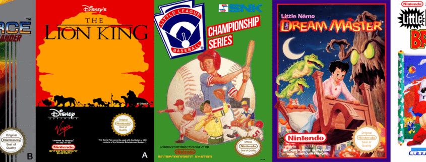 Five NES game box covers arranged horizontally: Life Force Salamander featuring a monstrous alien face with organic tunnels, Disney's The Lion King with silhouettes against an orange sunset, Little League Baseball Championship Series showing young players around a baseball, Little Nemo the Dream Master depicting a boy in pajamas with dream creatures and a crescent moon, and Little Ninja Brothers showing cartoon ninja characters in colorful action scenes