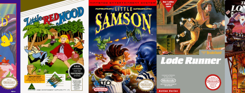 Banner featuring five NES game box covers displayed side-by-side: The Little Mermaid showing Ariel underwater, Little Red Hood in a fairy tale forest, Little Samson with the hero and his companions, Lode Runner's underground action scene, and The Lone Ranger's dramatic western artwork