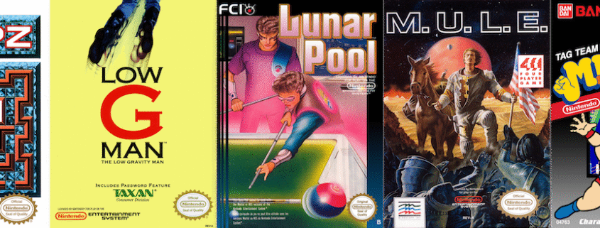 A composite hero image showing all five NES game box covers from Episode 97: Loopz with its blue crystalline puzzle board, Low G Man's yellow cover with jumping figure, Lunar Pool's purple-toned futuristic billiards scene, M.U.L.E.'s epic painted space frontier artwork, and M.U.S.C.L.E.'s dynamic wrestling character display arranged together.