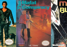 NES AtoZ Episode 98 game lineup showing all five NES box covers: Mach Rider, Mad Max, The Mafat Conspiracy, Magic Block, and Magic Darts arranged horizontally