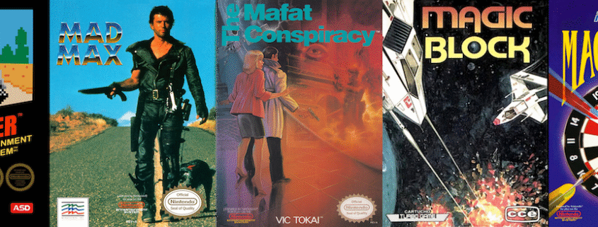 NES AtoZ Episode 98 game lineup showing all five NES box covers: Mach Rider, Mad Max, The Mafat Conspiracy, Magic Block, and Magic Darts arranged horizontally