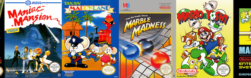 NES game box art collection featuring Major League Baseball, Maniac Mansion, Mappy-Land, Marble Madness, Mario Bros., and Mario & Yoshi for Nintendo Entertainment System