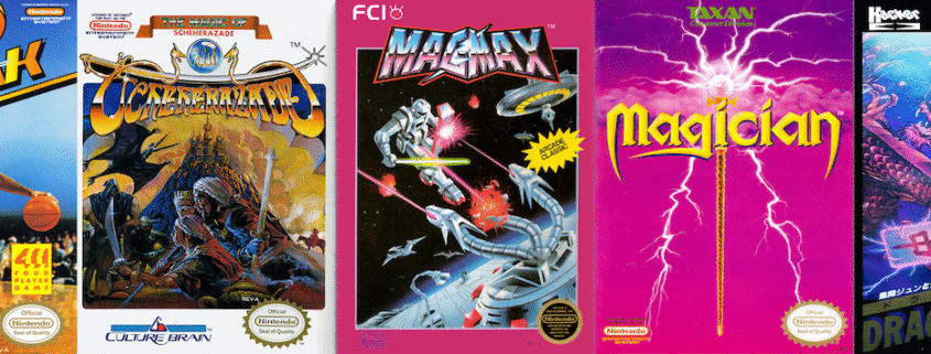 NES AtoZ Episode 99 composite banner featuring all five game box arts: Magic Johnson's Fast Break, The Magic of Scheherazade, Magmax, Magician, and Mahjong Block arranged horizontally showing diverse M-titled NES games